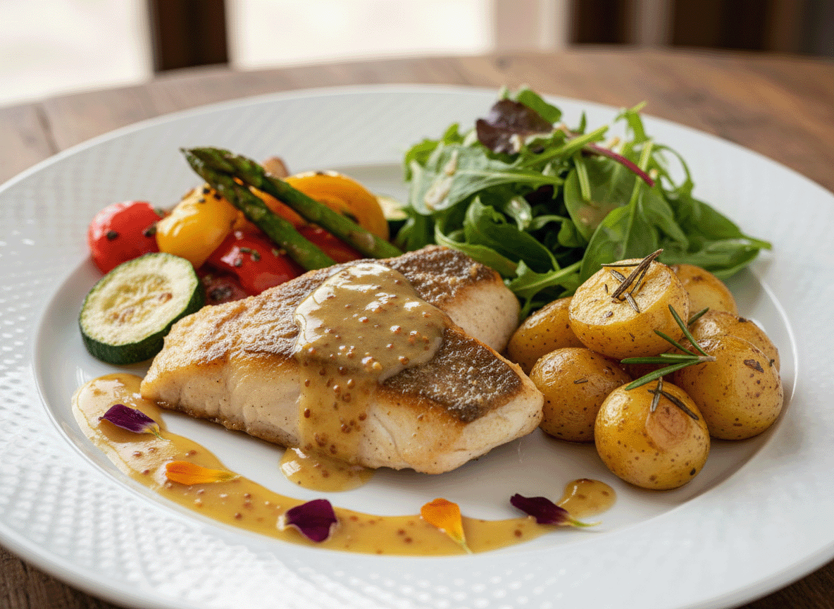 Gebratenes Fischfilet auf Gemüse-Ensemble